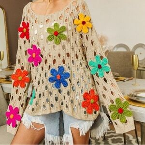 BiBi Daisy Flower Appliqué Knit Sweater Top Size S Oversized